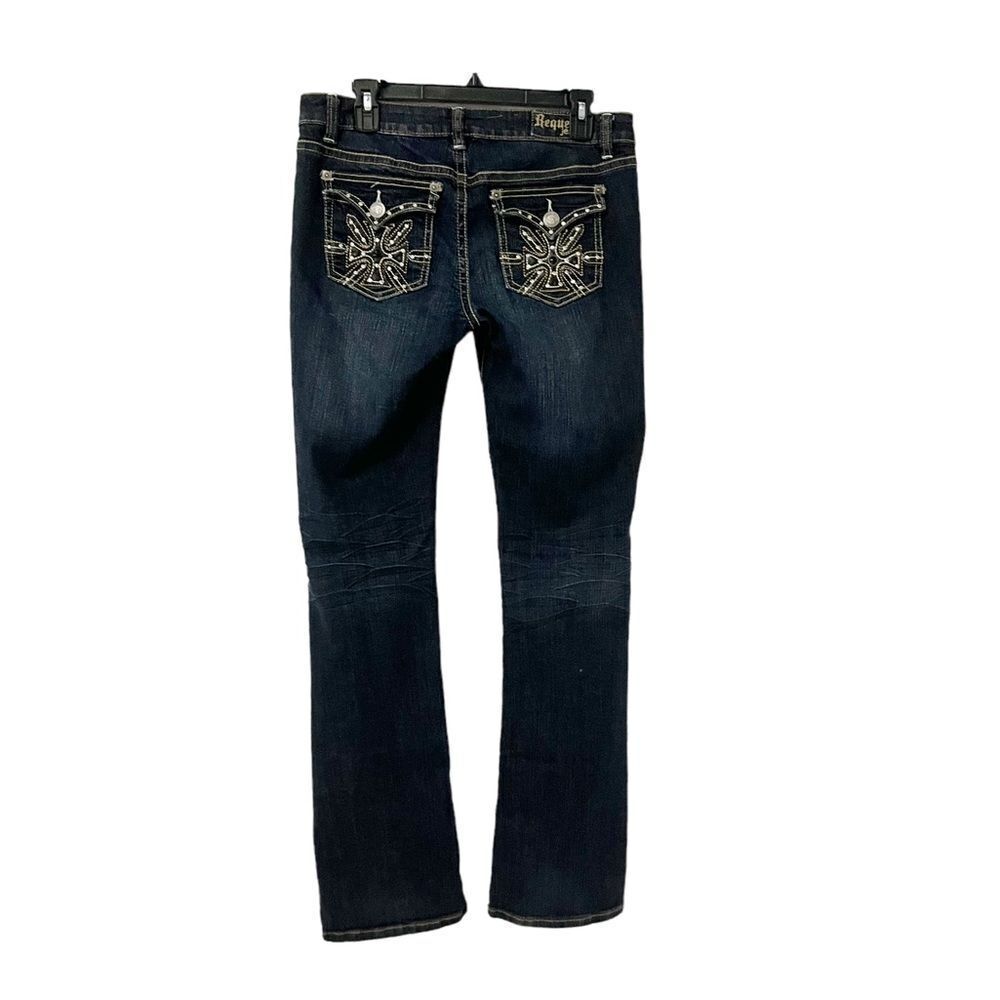 Request Jeans Dark Denim Flap Embellished Pockets Boot Cut Distressed Size 13/32